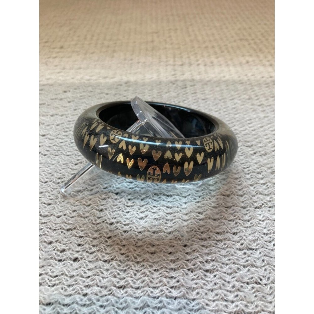 Tory Burch Lucite Band Bangle Black with Gold Hearts Rare